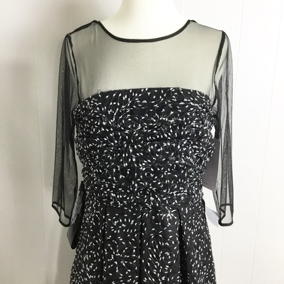 JS COLLECTION Holiday Black Mesh Shirred Bodice Lined Elbow Sleeve Dress 8 New - Picture 5 of 12